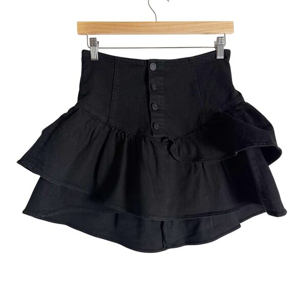 Mother The Pixie Minx Pitch Black Ruffle Tiered Button Front Mini Skirt Size 25 - Picture 2 of 11